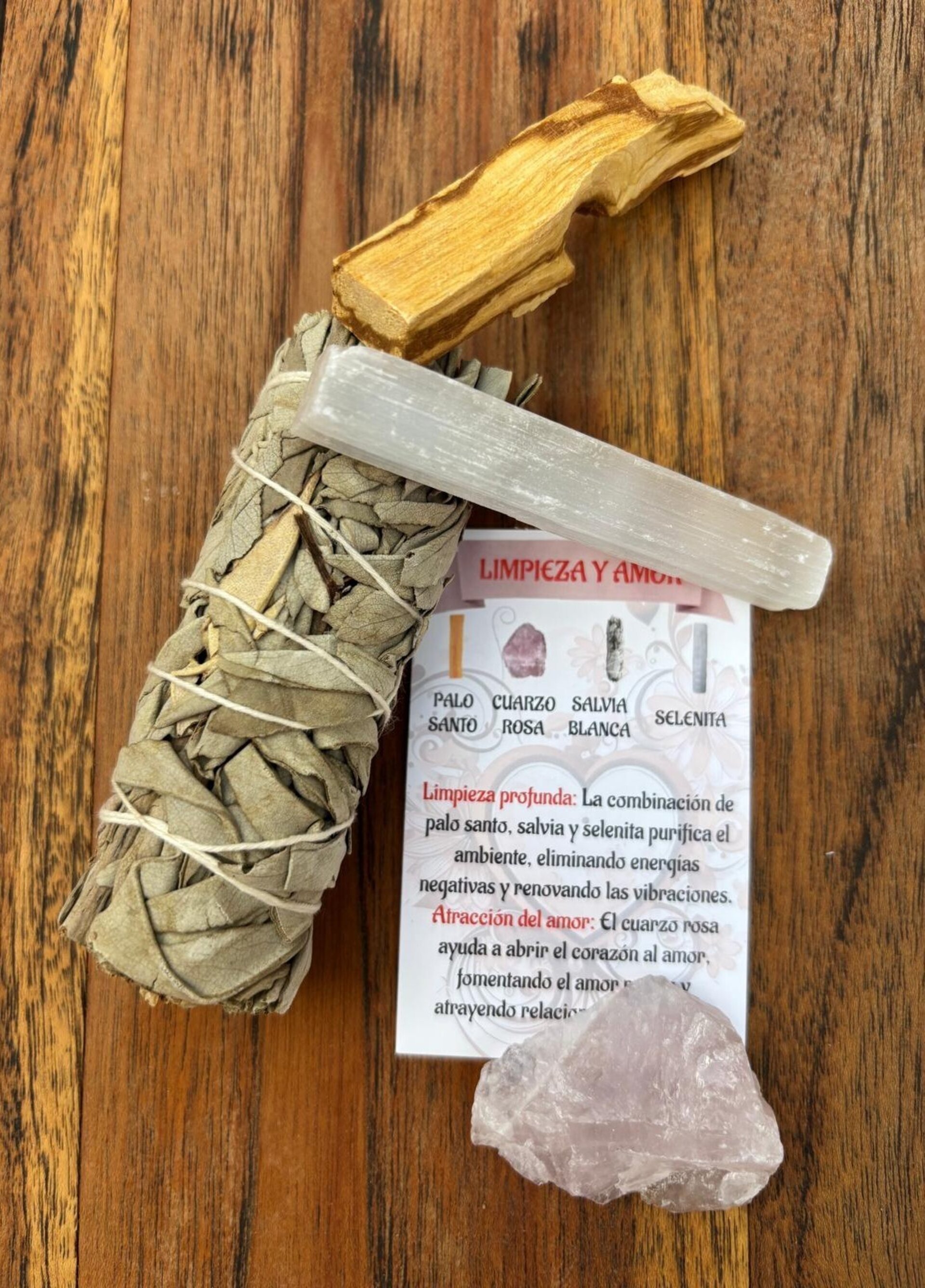 Kit Limpieza Amor :Atado Salvia , Palo Santo, Selenita y Cuarzo Rosa - 3