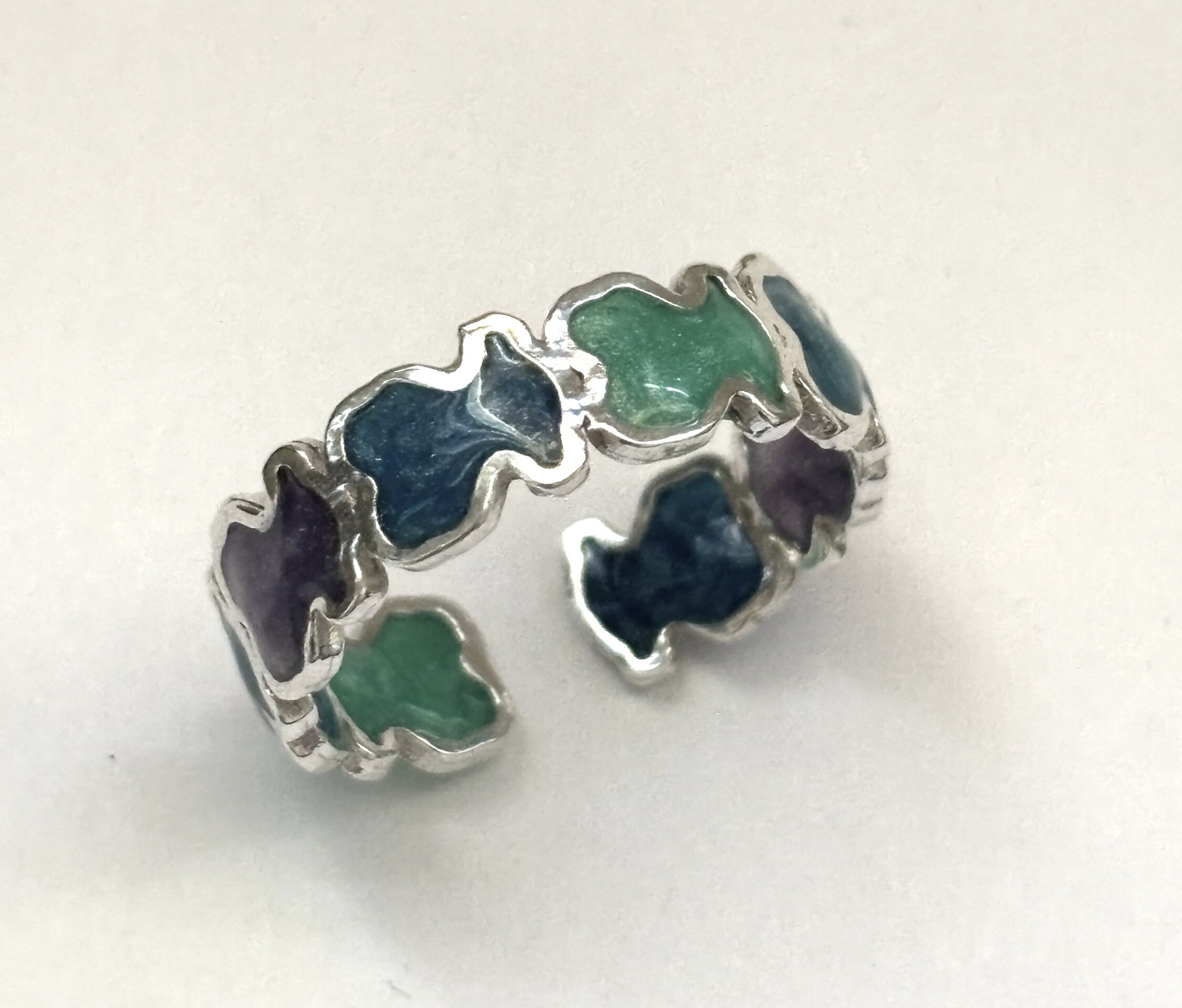 Anillo ajustable oso esmaltado tonos verdosos azulados - 3