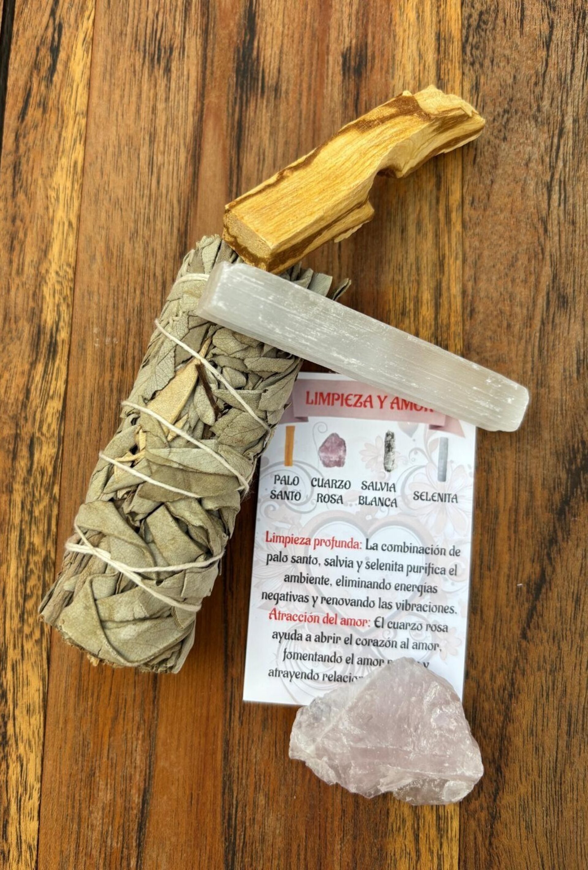 Kit Limpieza Amor :Atado Salvia , Palo Santo, Selenita y Cuarzo Rosa - 2