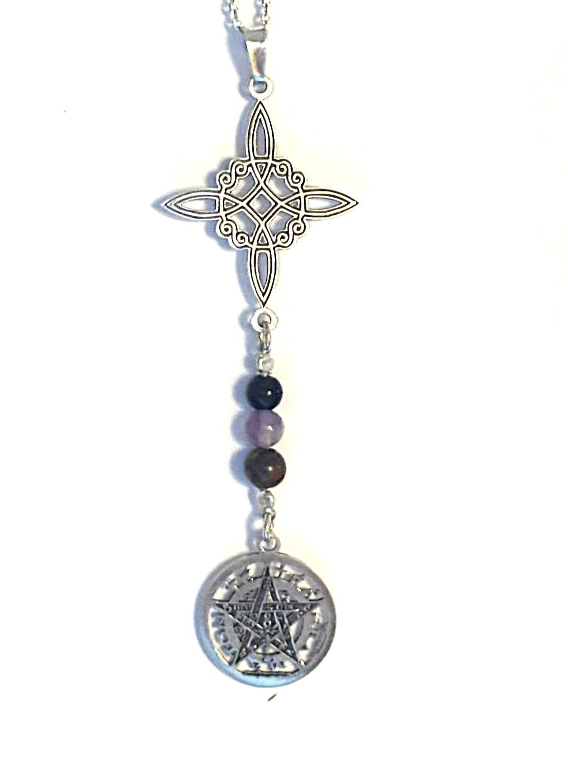 collar doble protección nudo de bruja y Tetragrámaton con tres piedras - 6