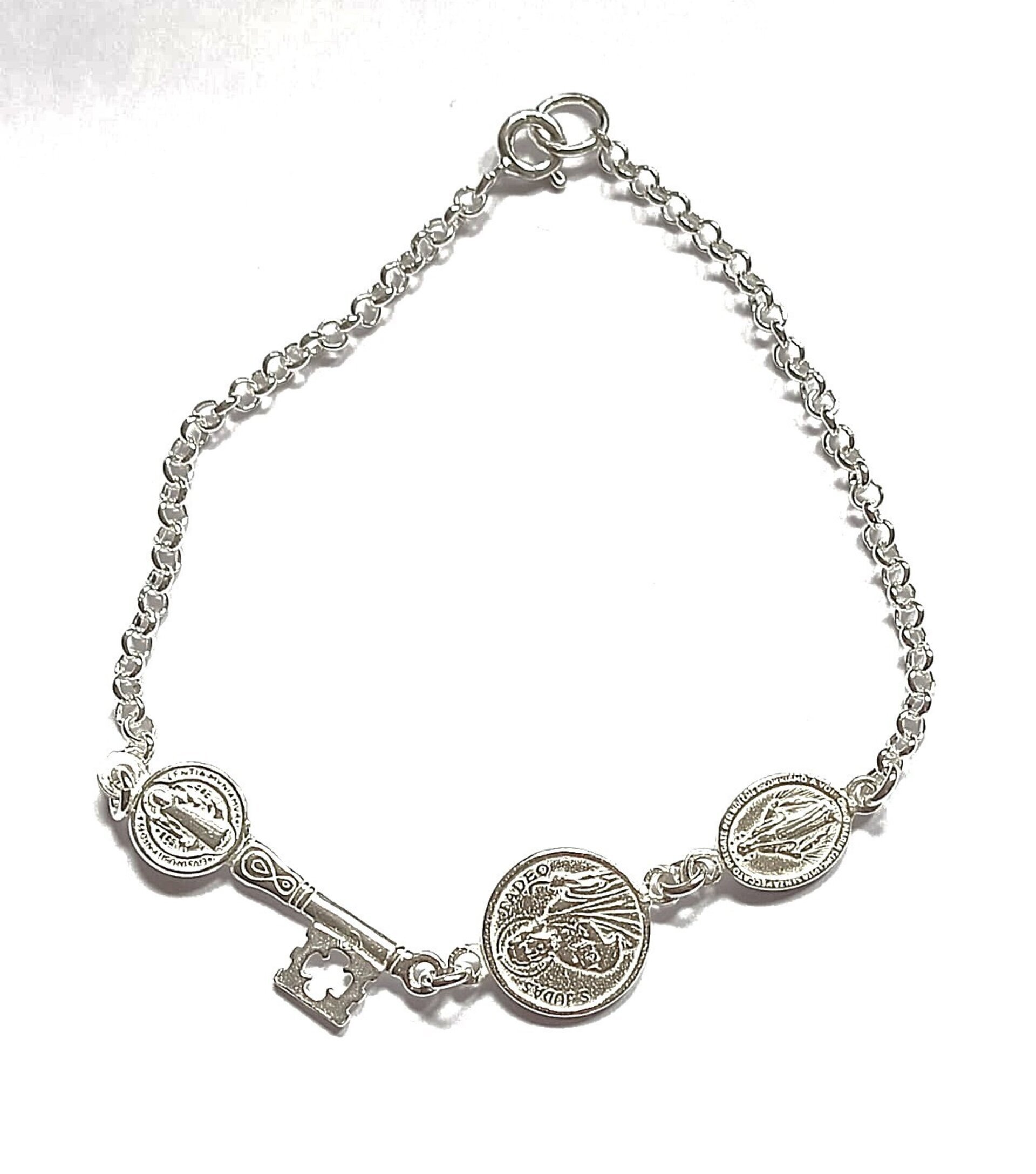 pulsera triple protección llave San Benito, judas Tadeo y virgen de la milagrosa - 5